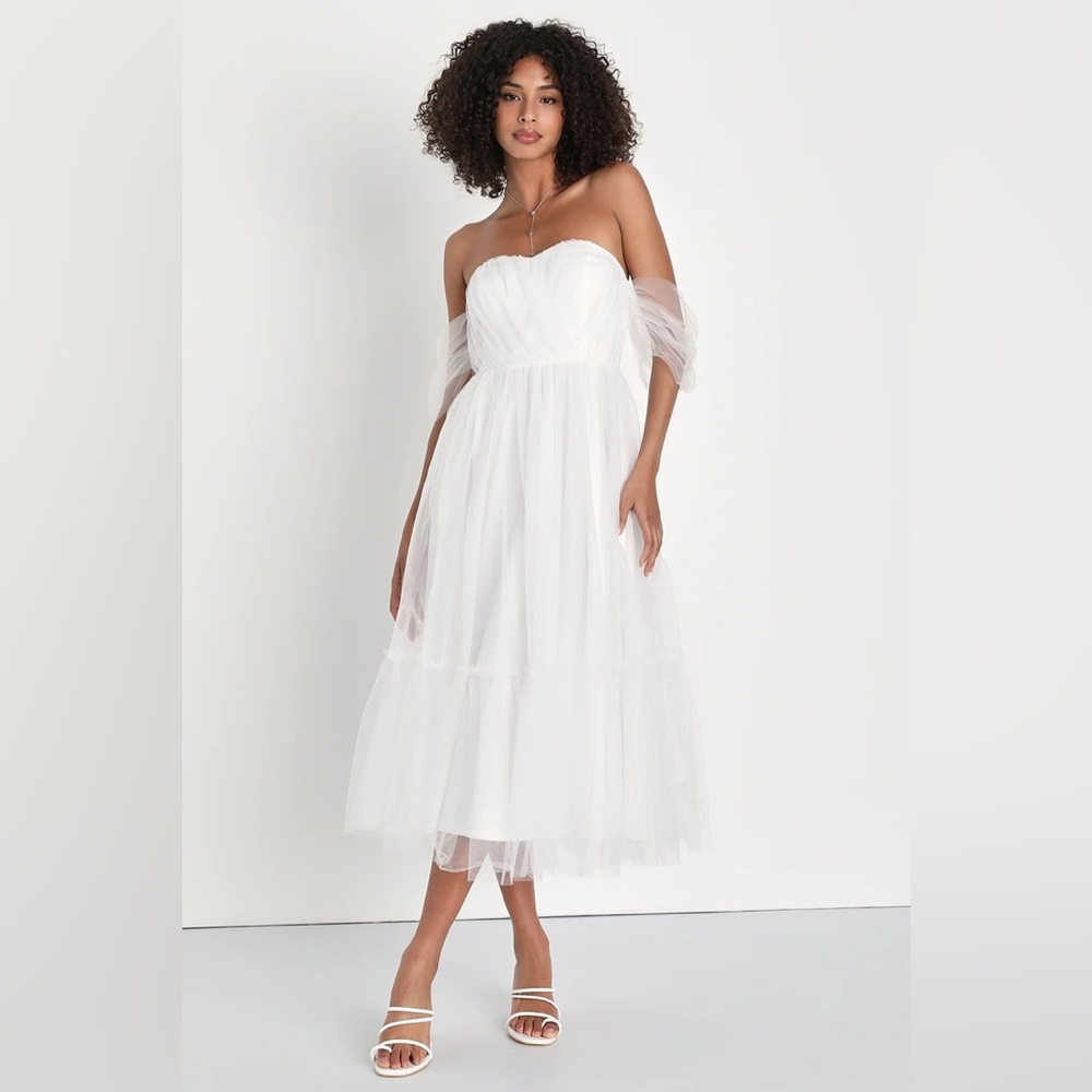 Lulus Divine Dreamer White Tulle Off-the-Shoulder Tiered Midi Dress size Small
